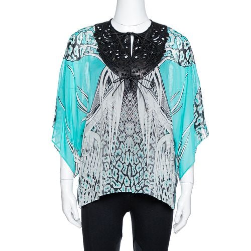 Turquoise Printed Silk Leather Trim Kaftan Top M - Roberto Cavalli - Modalova