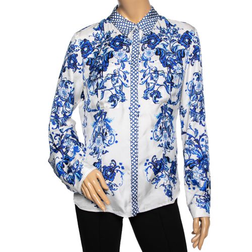 Blue Floral Print Long Sleeve Shirt L - Roberto Cavalli - Modalova