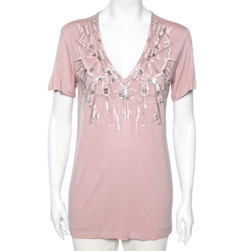 Jersey Embellished V-Neck Short Sleeve T-Shirt M - Roberto Cavalli - Modalova