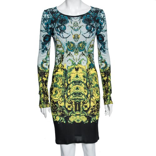 And Blue Printed Jersey Long Sleeve Crew Neck Dress M - Roberto Cavalli - Modalova