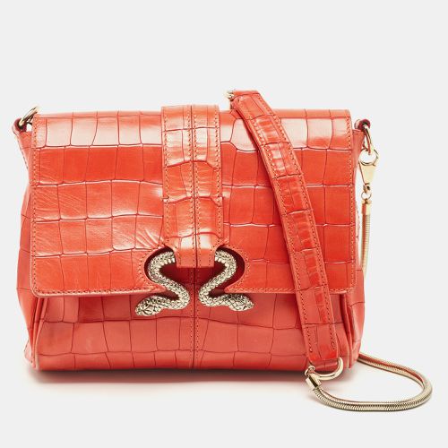 Red Crocodile Embossed Leather Serpenti Flap Chain Bag - Roberto Cavalli - Modalova