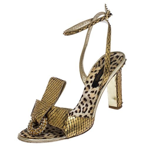 Metallic Python Leather Embellished Ankle Strap Sandals Size 38 - Roberto Cavalli - Modalova