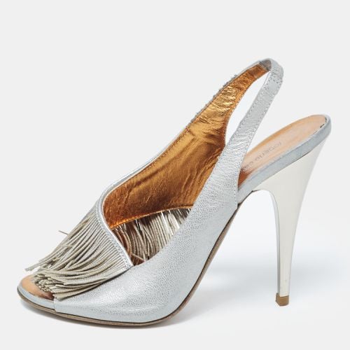 Silver Leather Slingback Fringe Detail Peep Toe Sandals Size 37 - Roberto Cavalli - Modalova