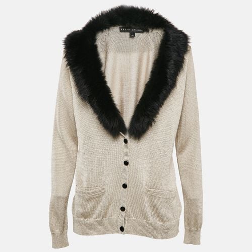 Shearling Trim Collar Lurex Knit Button Up Cardigan L - Ralph Lauren - Modalova