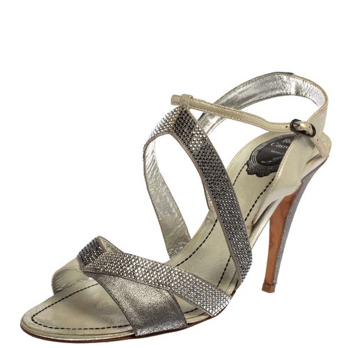 René Caovilla /Grey Embellished Satin And Glitter Nubuck Leather Ankle Strap Sandals Size 39.5 - René Caovilla - Modalova