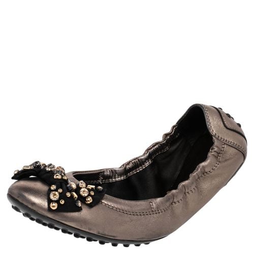 Leather Crystal Embellished Bow Ballet Flats Size 37.5 - Tod's - Modalova