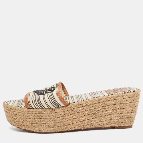 Brown Canvas and Leather Espadrille Platform Wedge Slide Sandals Size 37.5 - Tory Burch - Modalova