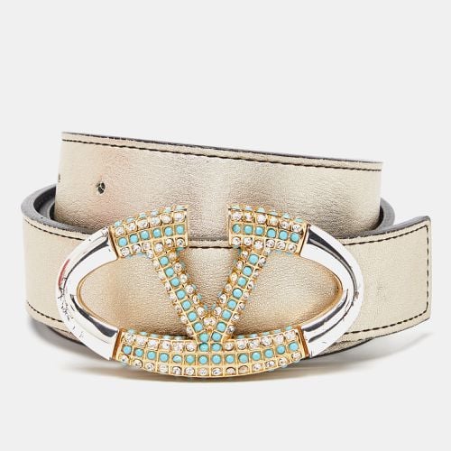 Black Leather Crystal Embellished V Logo Belt 90CM - Valentino - Modalova