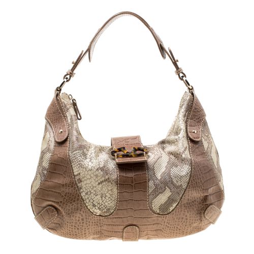 Croc Embossed Leather and Python Print Canvas Hobo - Valentino - Modalova