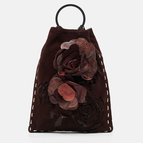 Dark Suede Floral Applique Ring Handle Tote - Valentino - Modalova