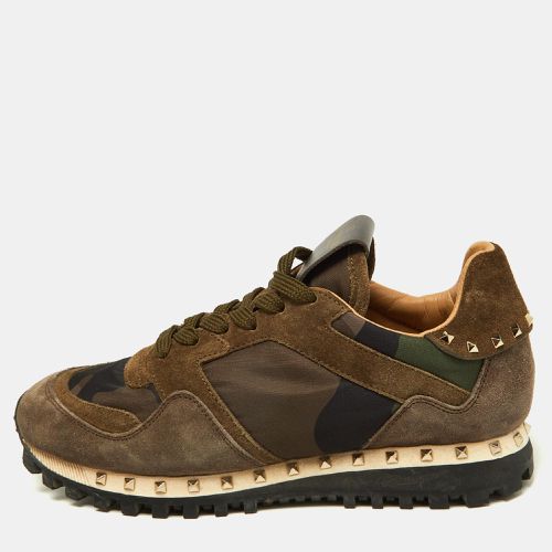 Green/ Suede and Camouflage Canvas Rockrunner Low Top Sneakers Size 35 - Valentino - Modalova