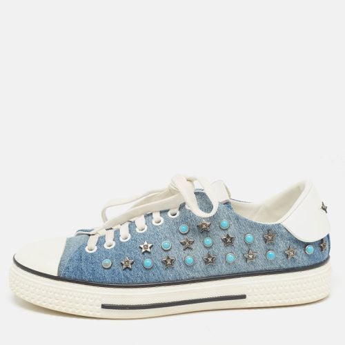 White Denim and Leather Star Studded Sneakers Size 39 - Valentino - Modalova