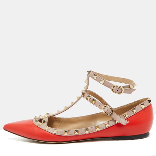 Beige Leather Rockstud Ankle Strap Ballet Flats Size 41 - Valentino - Modalova