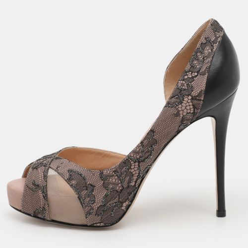 Black Lace and Leather Peep Toe Platform Pumps Size 36 - Valentino - Modalova