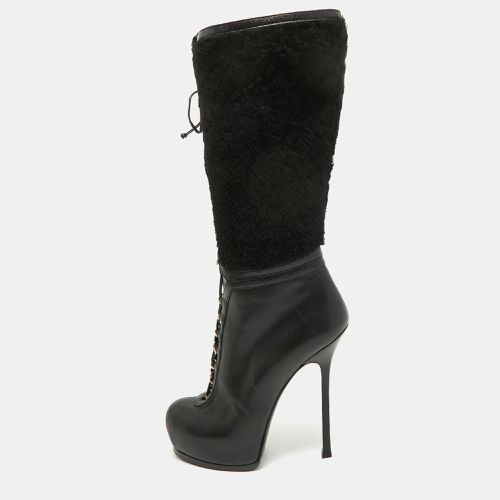 Leather and Wool Platform Mid Calf Boots Size 39.5 - Yves Saint Laurent - Modalova