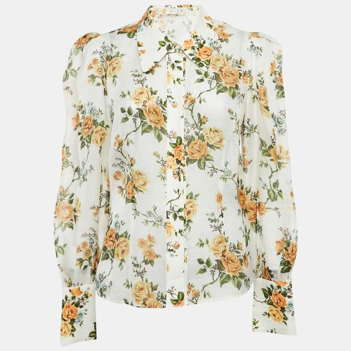 White/ Floral Print Linen and Silk Button Front Blouse L - Zimmermann - Modalova