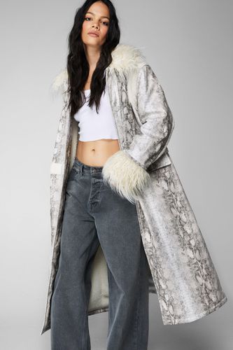 Womens Snake Print Shearling Trim Longline Aviator Coat - - 4 - Nasty Gal - Modalova