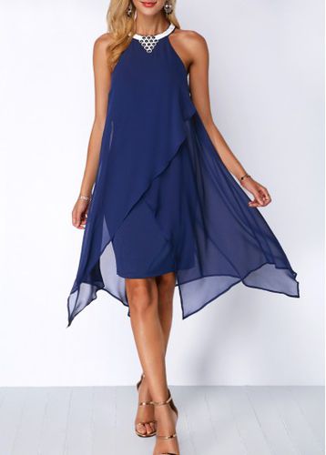 Chiffon Overlay Embellished Neck Blue Dress - unsigned - Modalova