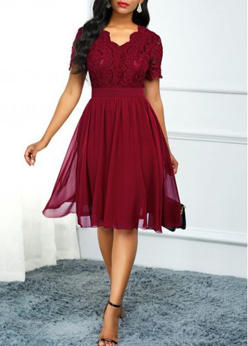 Lace Panel High Waist Short Sleeve Dress - unsigned - Modalova