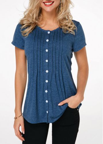 Button Up Crinkle Chest Navy Blue T Shirt - unsigned - Modalova