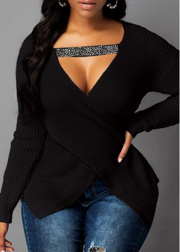Asymmetric Hem Cutout Front Black Sweater - unsigned - Modalova
