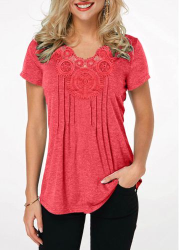 Crinkle Chest Short Sleeve Coral Red T Shirt - unsigned - Modalova