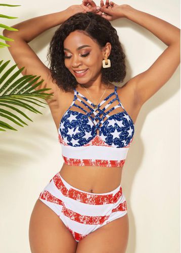 High Waisted American Flag Print Spaghetti Strap Bikini Set - unsigned - Modalova