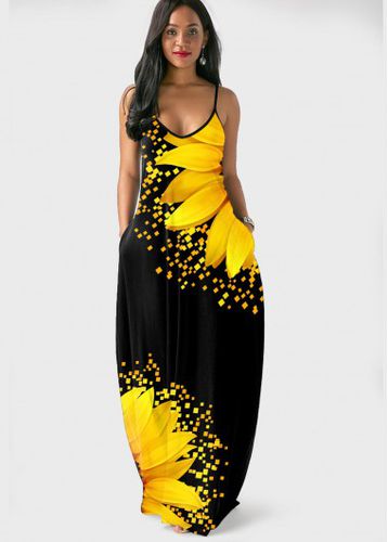 Sunflower Print Spaghetti Strap Side Pocket Maxi Dress - unsigned - Modalova