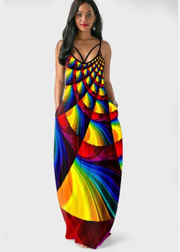 Geometric Print Side Pocket Rainbow Color Maxi Dress - unsigned - Modalova