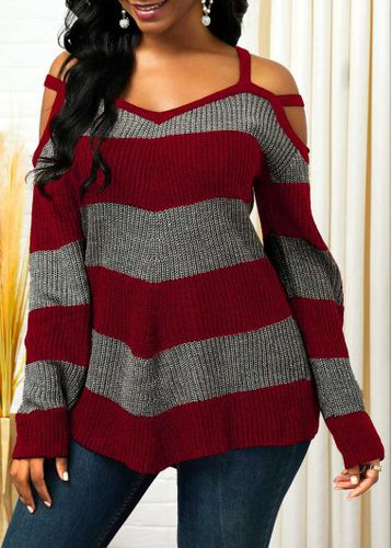 Cold Shoulder Striped Asymmetric Hem Sweater - unsigned - Modalova