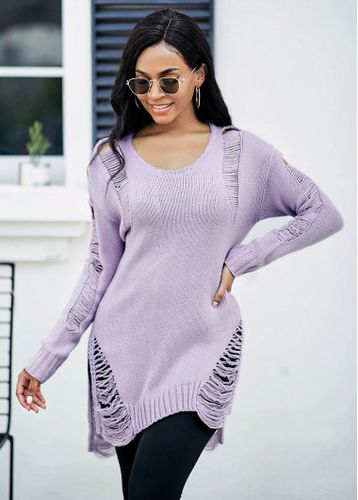 Draped Fringe Long Sleeve Asymmetric Hem Sweater - unsigned - Modalova