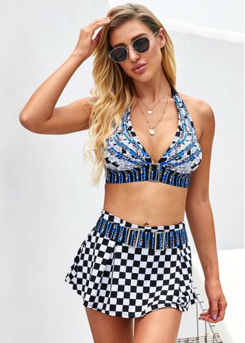 Checkered Print Halter Buckle Detail Bikini Set - unsigned - Modalova