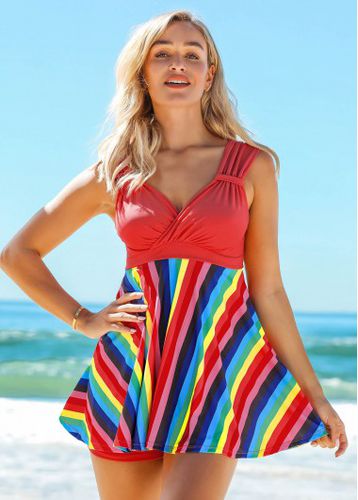 Rainbow Stripe Wide Strap Mid Waist Swimdress and Shorts - unsigned - Modalova