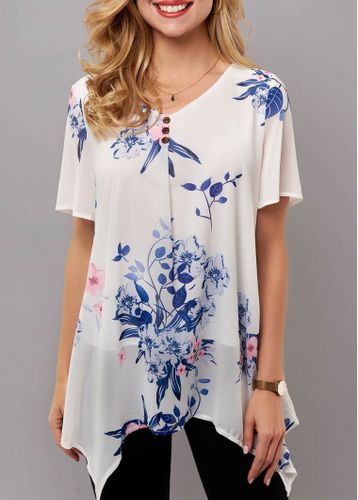Asymmetric Hem Floral Print Short Sleeve T Shirt - unsigned - Modalova