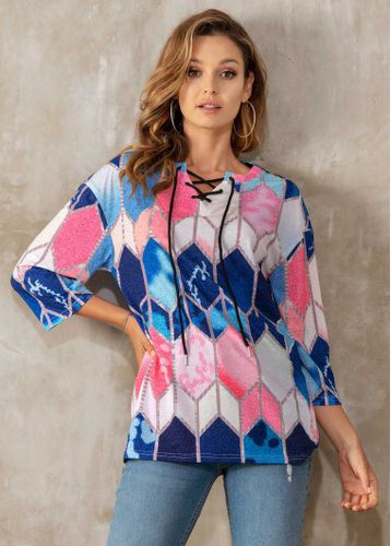 Lace Up Geometric Print 3/4 Sleeve T Shirt - unsigned - Modalova