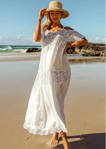 Lace Stitching Cold Shoulder Solid Beach Dress - unsigned - Modalova