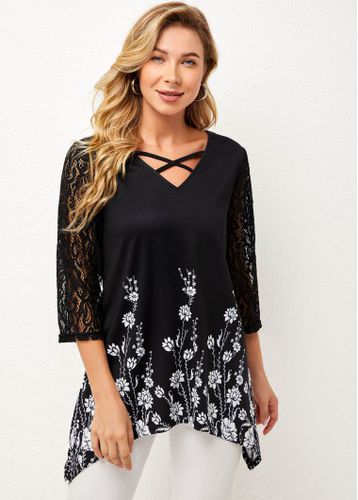 Lace Stitching Asymmetric Hem Black T Shirt - unsigned - Modalova