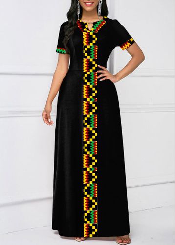 Tribal Print Short Sleeve Keyhole Neck Dress - unsigned - Modalova