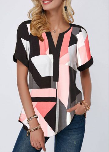 Geometric Print Split Neck Short Sleeve Blouse - unsigned - Modalova