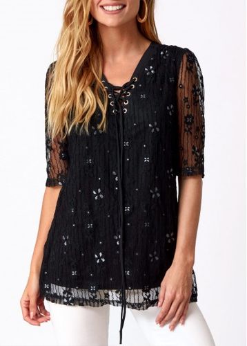Lace Patchwork Tie Front T Shirt - unsigned - Modalova