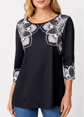 Black Round Neck Tribal Print T Shirt - unsigned - Modalova