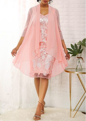 Sleeve Cardigan and Glitter Fabric Stitching Dress - unsigned - Modalova