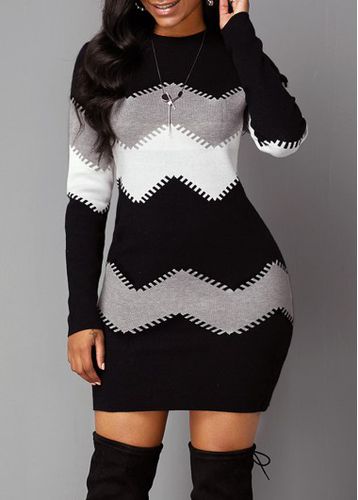 Long Sleeve Mock Neck Chevron Pattern Sweater Dress - unsigned - Modalova
