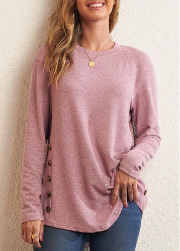 Decorative Button Pink Long Sleeve Round Neck T Shirt - unsigned - Modalova