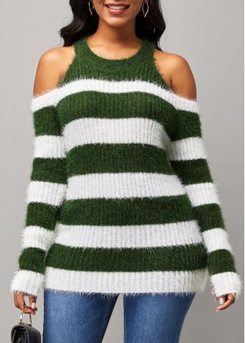 Cold Shoulder Stripe Print Long Sleeve Round Neck Sweater - unsigned - Modalova