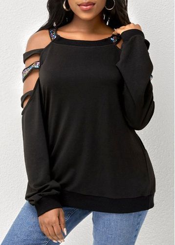 Sequin Black Long Sleeve Round Neck Sweatshirt - unsigned - Modalova