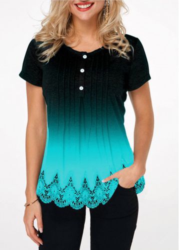 Gradient Lace Hem Button Detail T Shirt - unsigned - Modalova