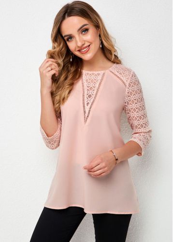 Lace Stitching Round Neck 3/4 Sleeve T Shirt - unsigned - Modalova