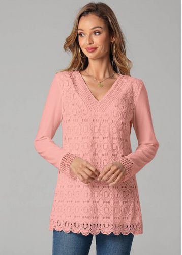 Lace Patchwork Pink V Neck T Shirt - unsigned - Modalova