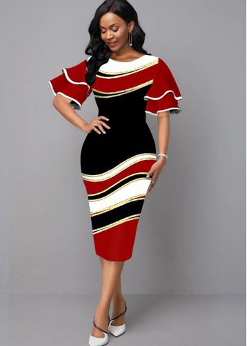 Ruffle Sleeve Round Neck Geometric Print Dress - unsigned - Modalova